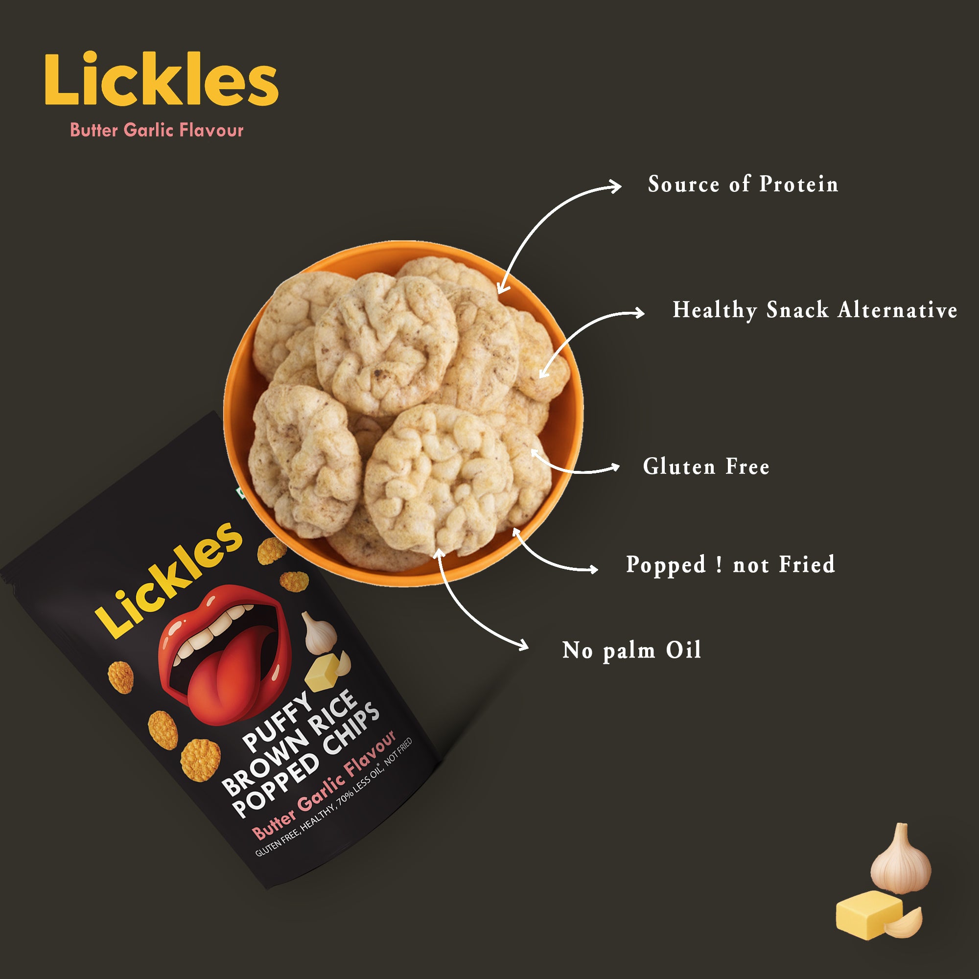 LICKLES Puffy Brown Rice Popped Chips (ButterGarlic)