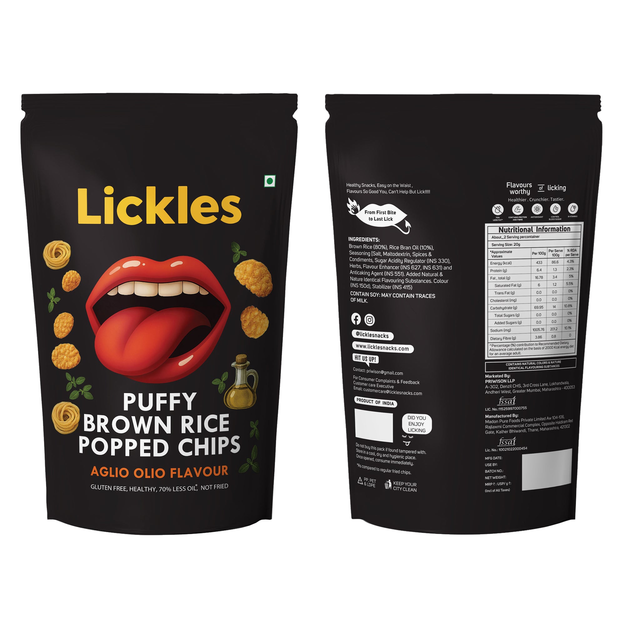 LICKLES Puffy Brown Rice Popped Chips (Aglio Olio)